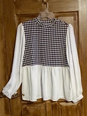Absolutely Famous Black & White Houndstooth Panel Long-Sleeve Blouse Size XL